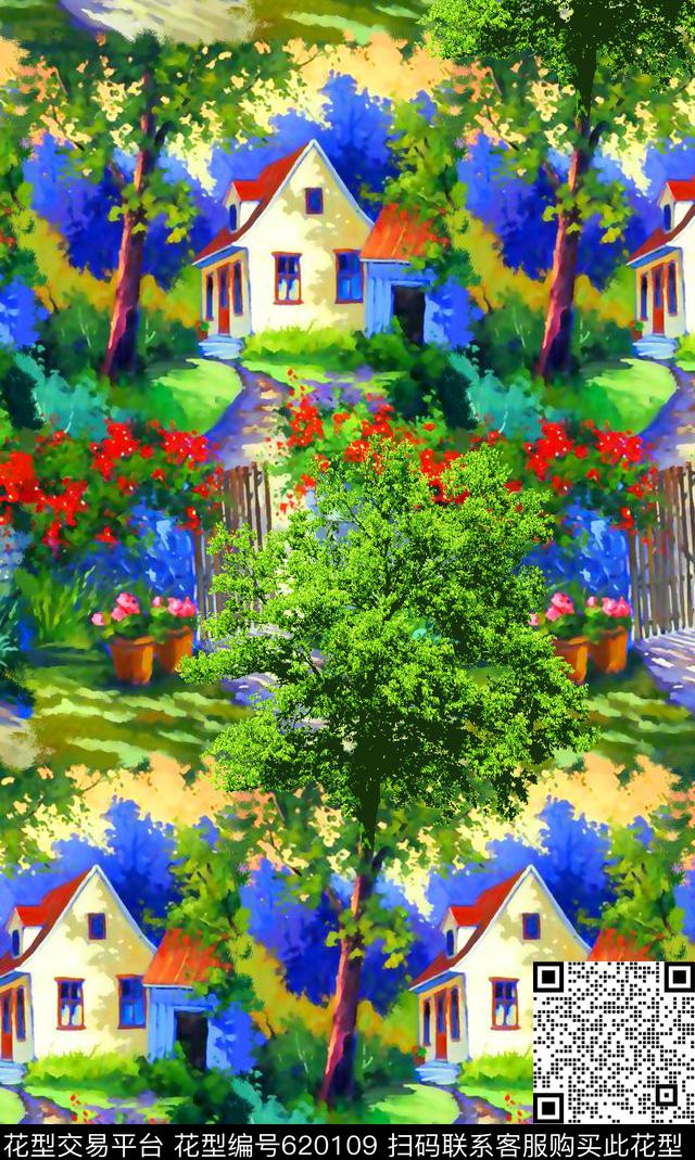 抽象手绘满版最新高清数码时尚潮流大牌复古欧美风油画风景树数码印花华亿平台下载（图片编号: 620109） - 瓦栏（Walan）