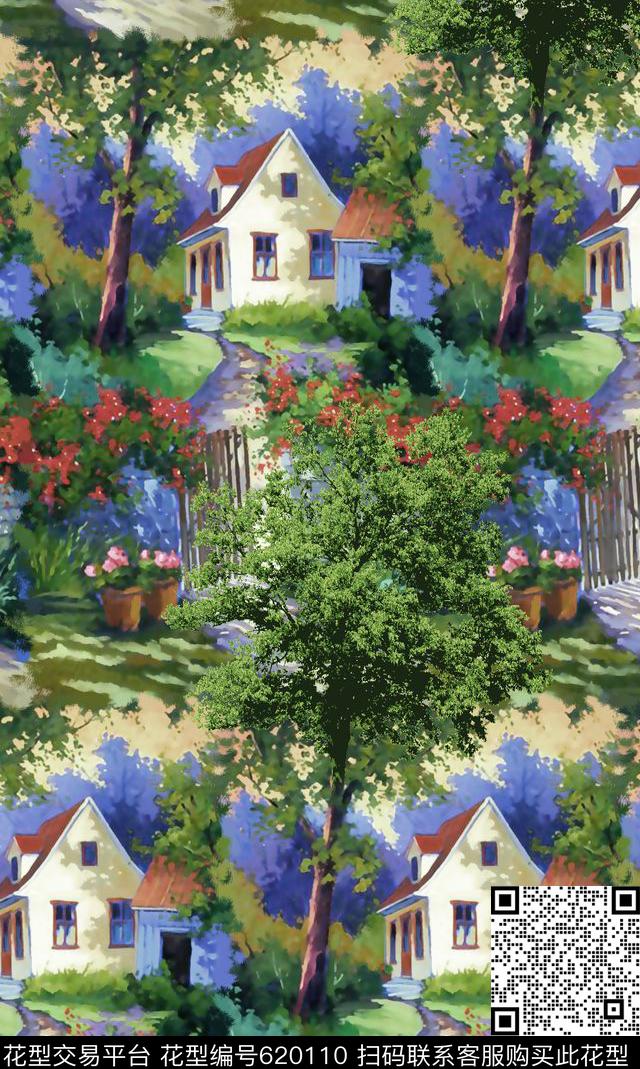 抽象手绘满版最新高清数码时尚潮流大牌复古欧美风油画风景树数码印花华亿平台下载（图片编号: 620110） - 瓦栏（Walan）