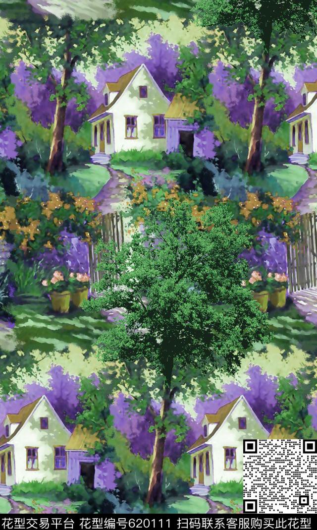 抽象手绘满版最新高清数码时尚潮流大牌复古欧美风油画风景树数码印花华亿平台下载（图片编号: 620111） - 瓦栏（Walan）