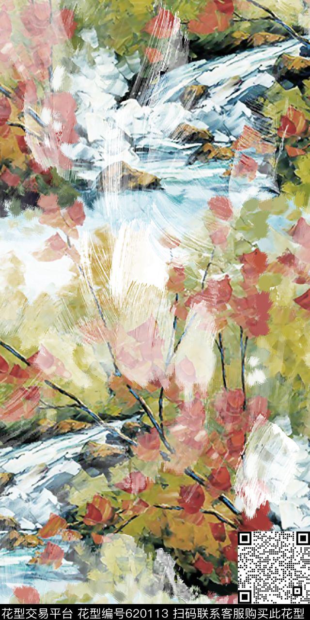 抽象手绘满版最新高清数码时尚潮流大牌复古欧美风风景油画纹理女装裙数码印花华亿平台下载（图片编号: 620113） - 瓦栏（Walan）
