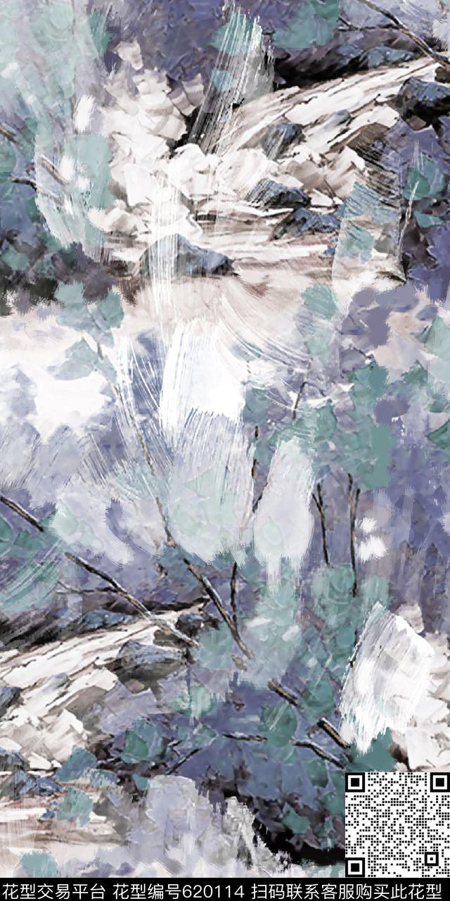 抽象手绘满版最新高清数码时尚潮流大牌复古欧美风风景油画纹理女装裙数码印花华亿平台下载（图片编号: 620114） - 瓦栏（Walan）