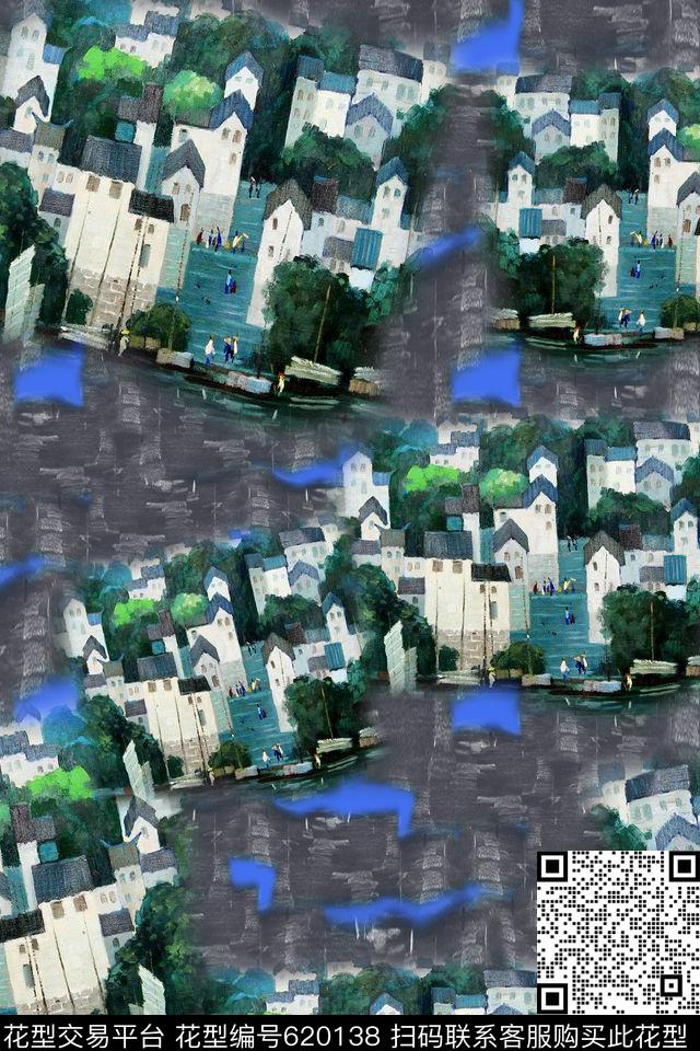 水墨民族风图案江南数码印花华亿平台下载（图片编号: 620138） - 瓦栏（Walan）