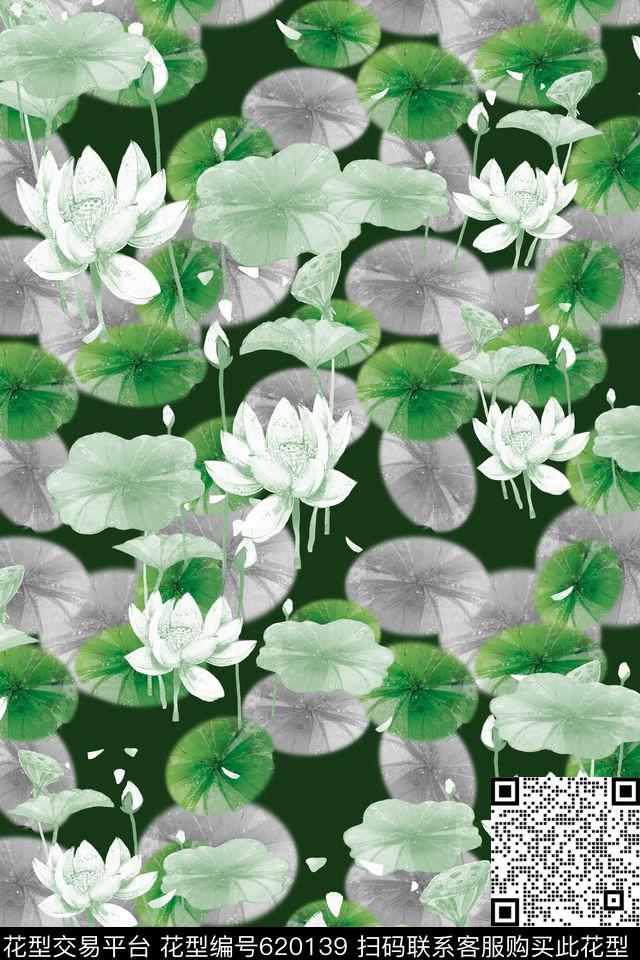 民族风图案中国风荷花组合数码印花华亿平台下载（图片编号: 620139） - 瓦栏（Walan）