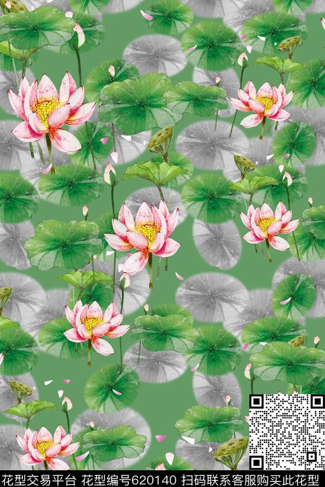 民族风图案中国风荷花组合数码印花华亿平台下载（图片编号: 620140） - 瓦栏（Walan）