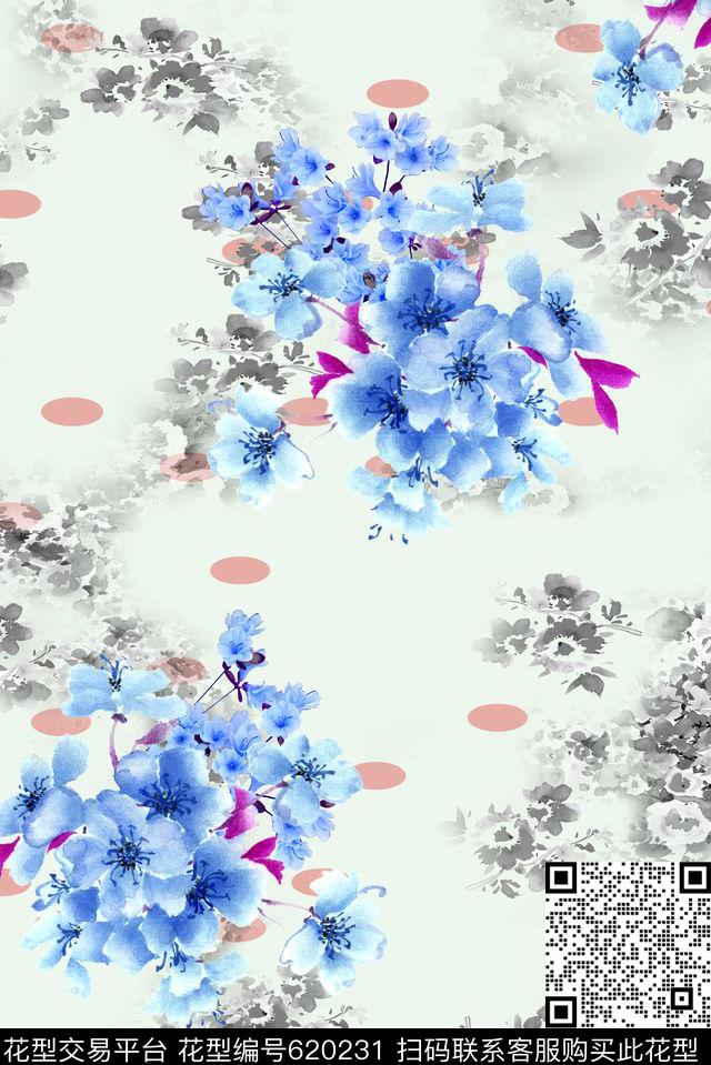 手绘花卉定位花数码印花华亿平台下载（图片编号: 620231） - 瓦栏（Walan）