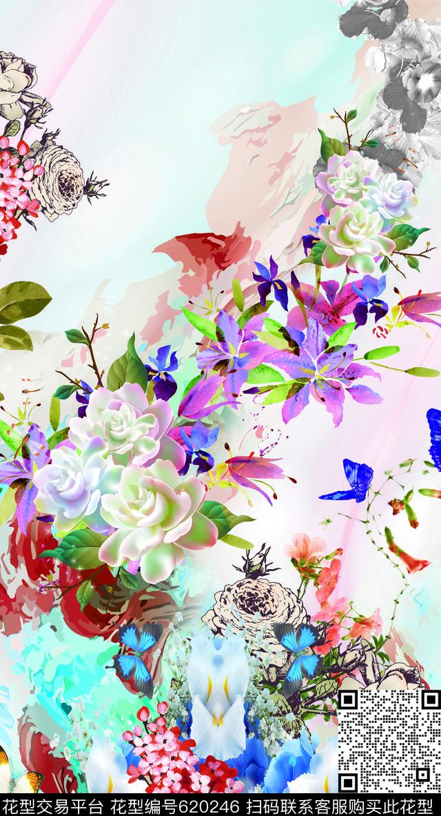 手绘花卉定位花数码印花华亿平台下载（图片编号: 620246） - 瓦栏（Walan）