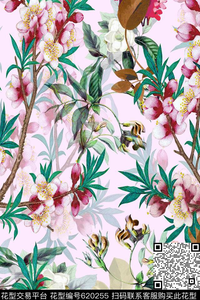 手绘花卉定位花数码印花华亿平台下载（图片编号: 620255） - 瓦栏（Walan）