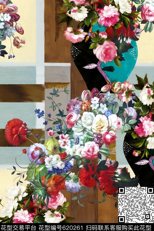 手绘花卉定位花数码印花华亿平台下载（图片编号: 620261） - 瓦栏（Walan）