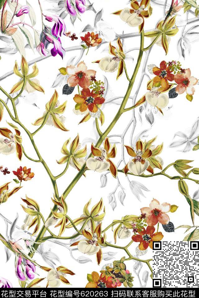 手绘花卉定位花数码印花华亿平台下载（图片编号: 620263） - 瓦栏（Walan）