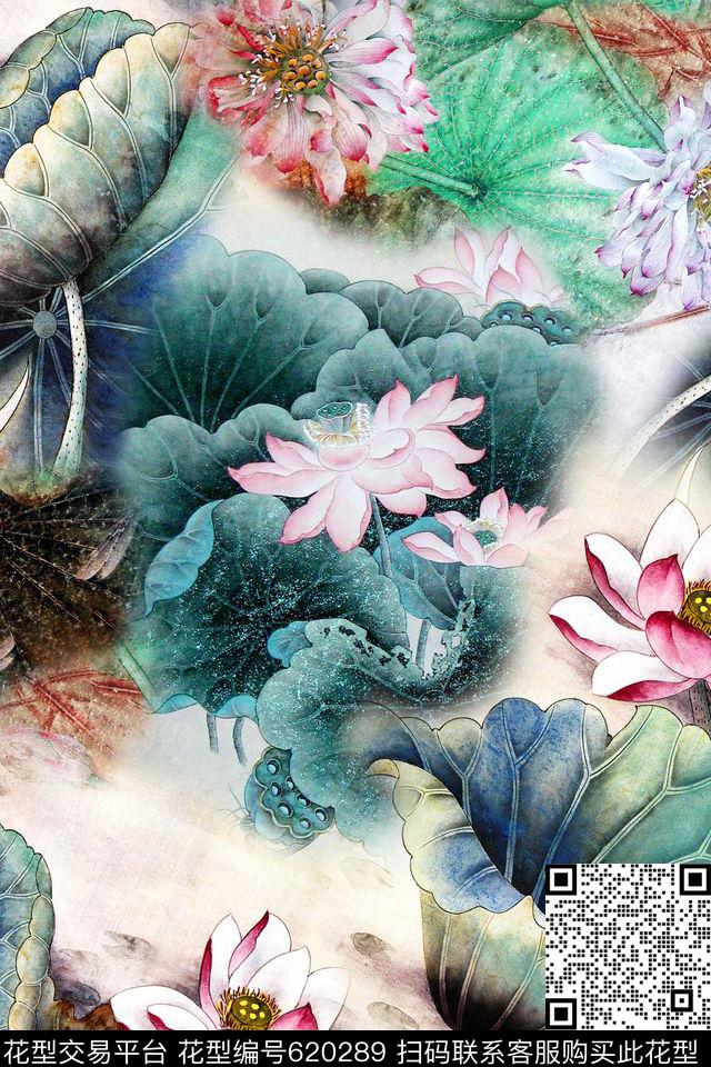 荷花国画工笔数码印花华亿平台下载（图片编号: 620289） - 瓦栏（Walan）