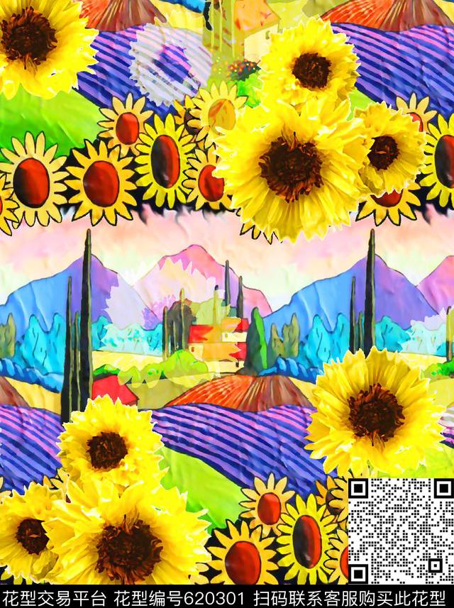 抽象手绘满版最新高清数码时尚潮流大牌复古欧美风油画太阳花风景数码印花华亿平台下载（图片编号: 620301） - 瓦栏（Walan）