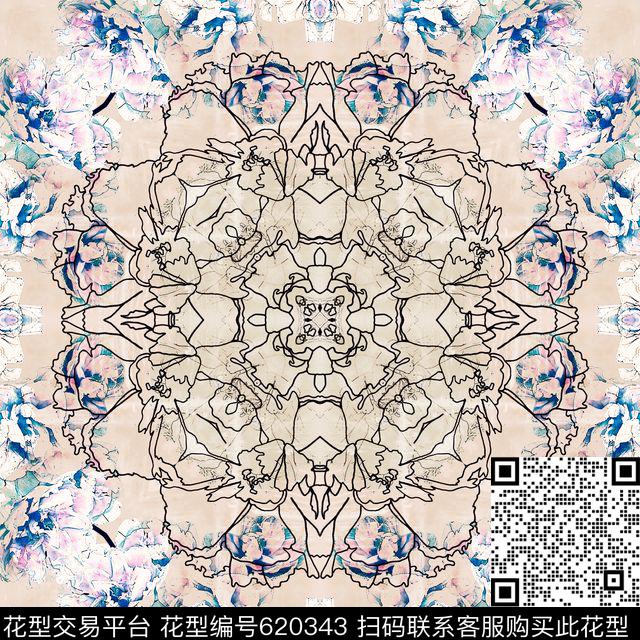 花卉手绘对称数码印花华亿平台下载（图片编号: 620343） - 瓦栏（Walan）