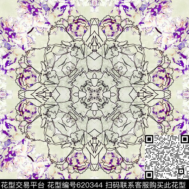 花卉手绘对称数码印花华亿平台下载（图片编号: 620344） - 瓦栏（Walan）