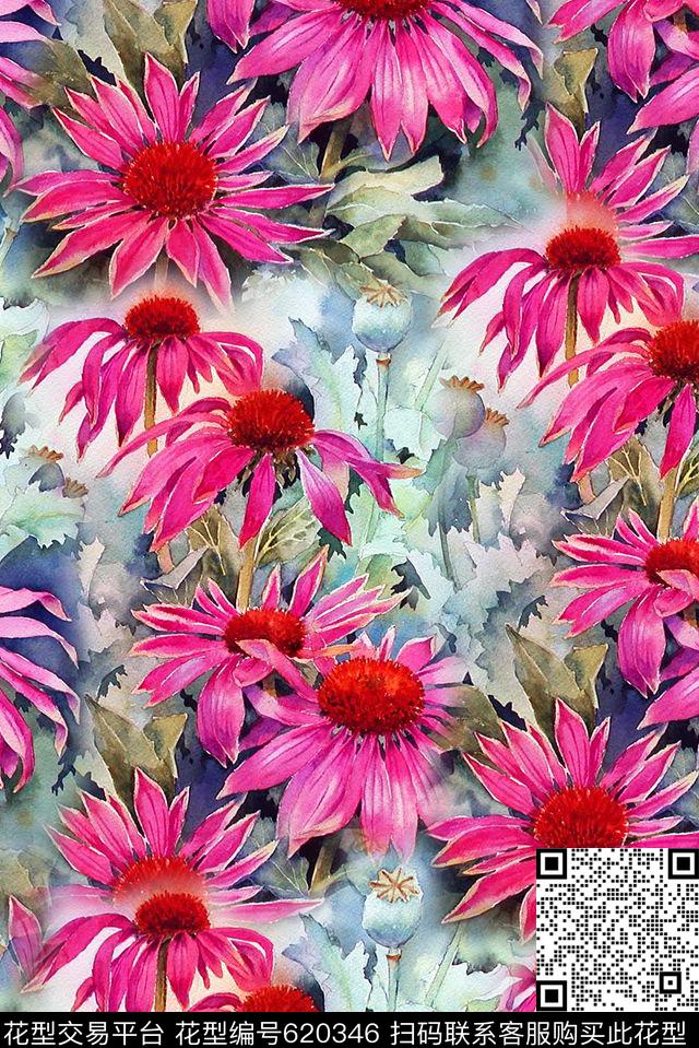 时尚手绘女装印花时尚手绘水彩画抽象渐变手绘植物印花数码印花华亿平台下载（图片编号: 620346） - 瓦栏（Walan）
