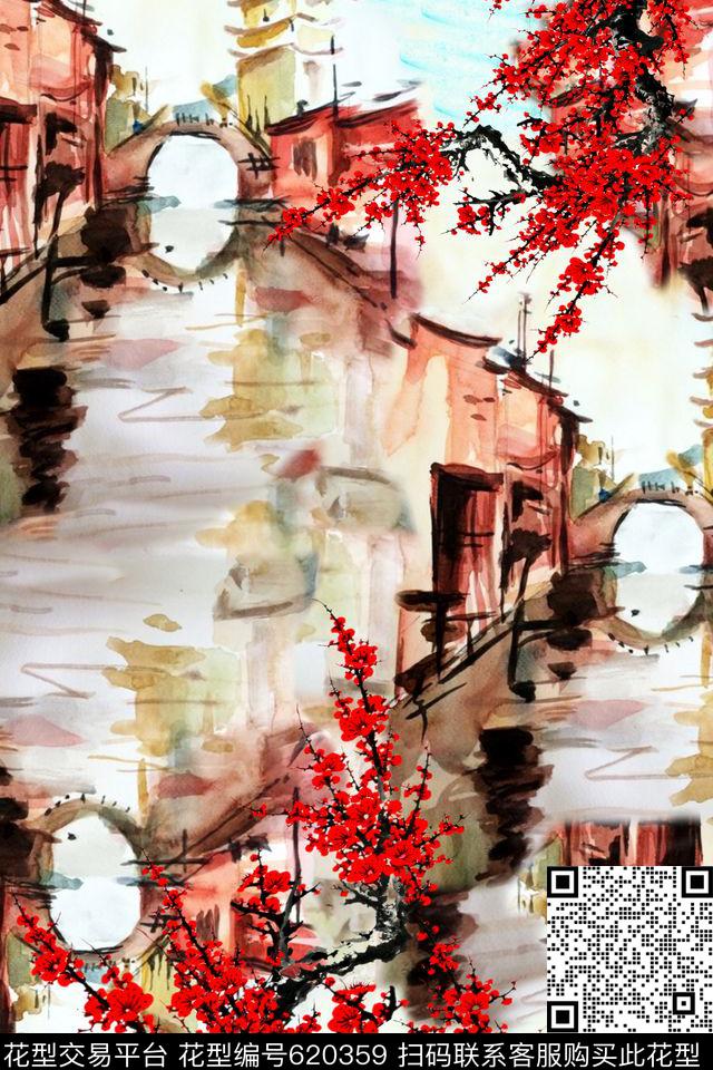 中国风水墨房子数码印花华亿平台下载（图片编号: 620359） - 瓦栏（Walan）