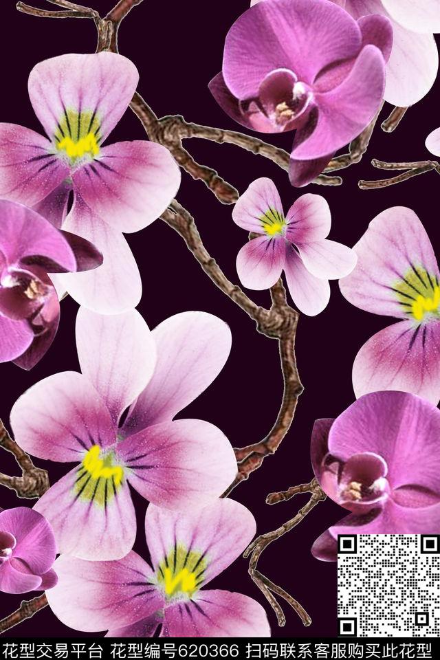 满版树枝花卉数码印花华亿平台下载（图片编号: 620366） - 瓦栏（Walan）