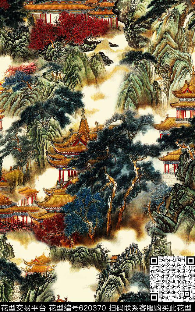 山脉中国风松树数码印花华亿平台下载（图片编号: 620370） - 瓦栏（Walan）