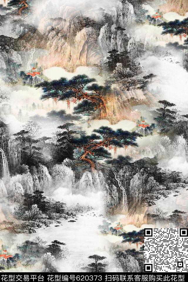 国画中国风山水数码印花华亿平台下载（图片编号: 620373） - 瓦栏（Walan）