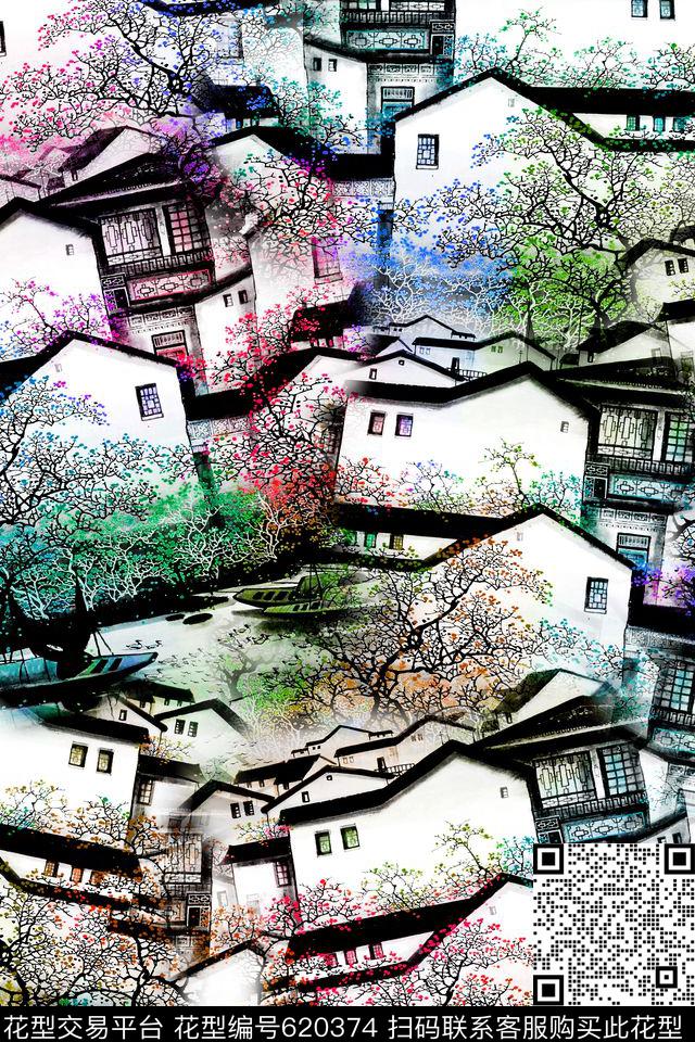 古镇树木复古数码印花华亿平台下载（图片编号: 620374） - 瓦栏（Walan）