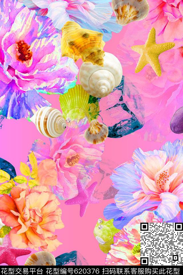 满版花卉手绘花卉贝壳数码印花华亿平台下载（图片编号: 620376） - 瓦栏（Walan）