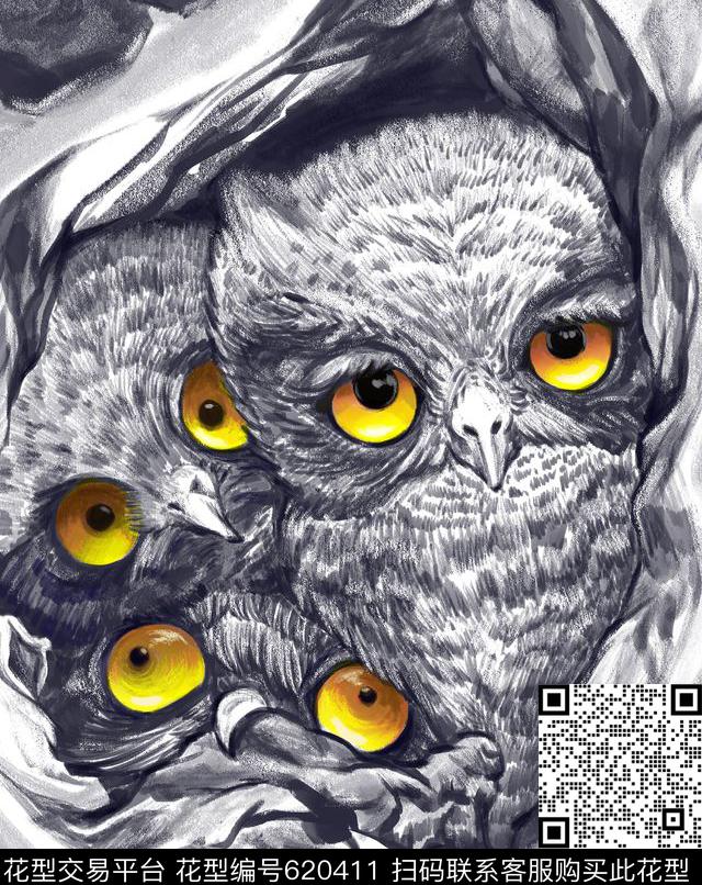 老鹰动物猫头鹰数码印花华亿平台下载（图片编号: 620411） - 瓦栏（Walan）