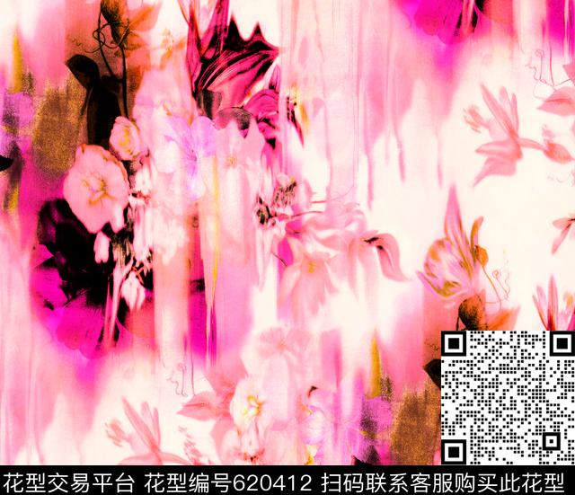 大花花卉水墨数码印花华亿平台下载（图片编号: 620412） - 瓦栏（Walan）