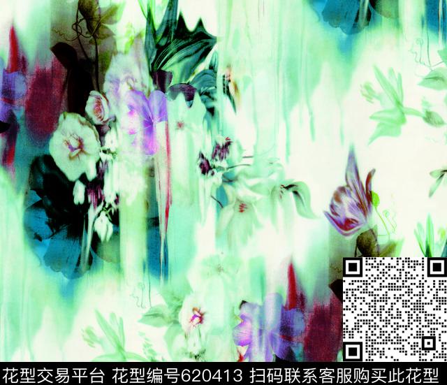 大花花卉水墨数码印花华亿平台下载（图片编号: 620413） - 瓦栏（Walan）