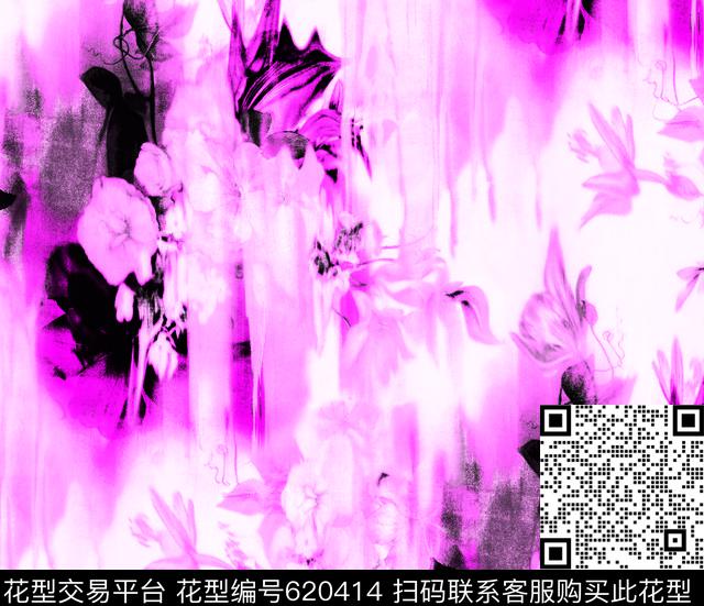 大花花卉水墨数码印花华亿平台下载（图片编号: 620414） - 瓦栏（Walan）
