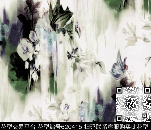 大花花卉水墨数码印花华亿平台下载（图片编号: 620415） - 瓦栏（Walan）