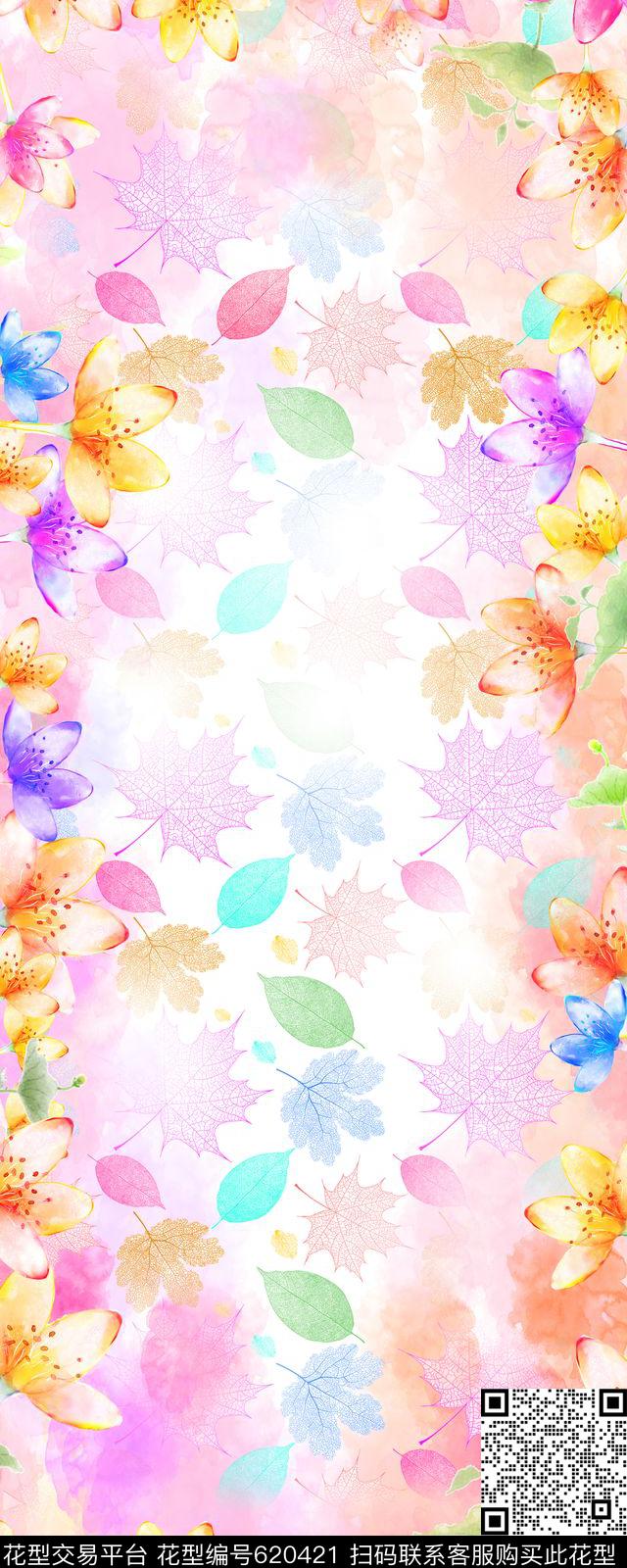 花朵丝巾长巾数码印花华亿平台下载（图片编号: 620421） - 瓦栏（Walan）