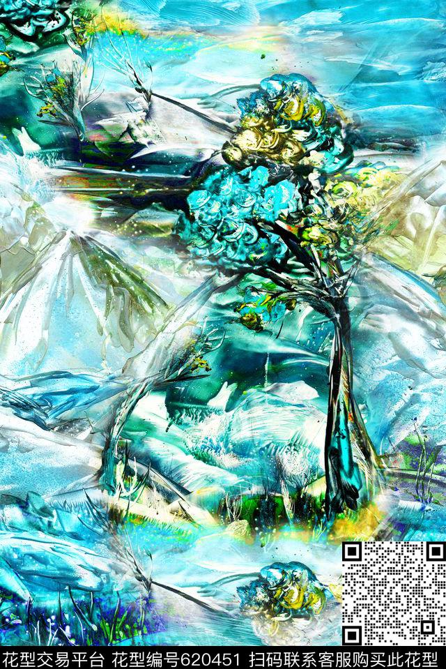 风景油画笔触数码印花华亿平台下载（图片编号: 620451） - 瓦栏（Walan）