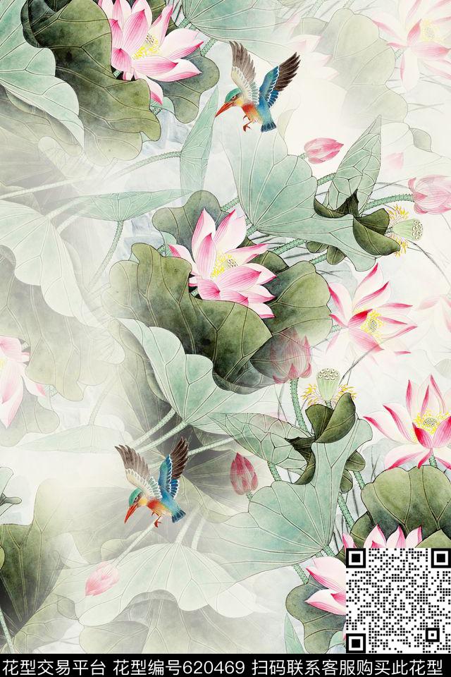 旗袍中国风鸟数码印花华亿平台下载（图片编号: 620469） - 瓦栏（Walan）