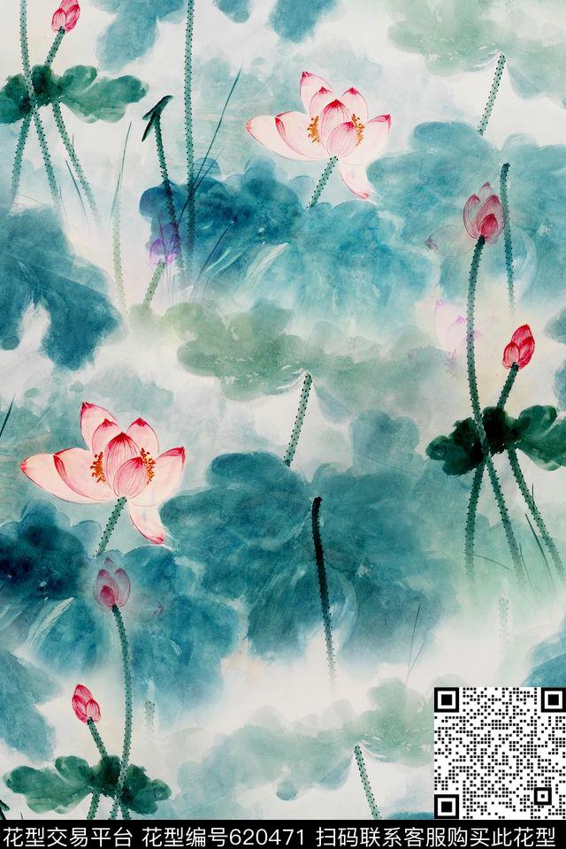 旗袍水墨荷花数码印花华亿平台下载（图片编号: 620471） - 瓦栏（Walan）