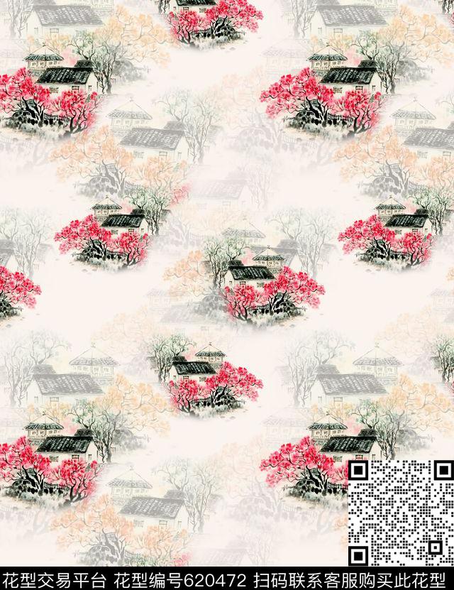 旗袍中国风房子数码印花华亿平台下载（图片编号: 620472） - 瓦栏（Walan）