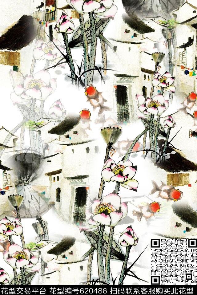 旗袍中国风水墨数码印花华亿平台下载（图片编号: 620486） - 瓦栏（Walan）