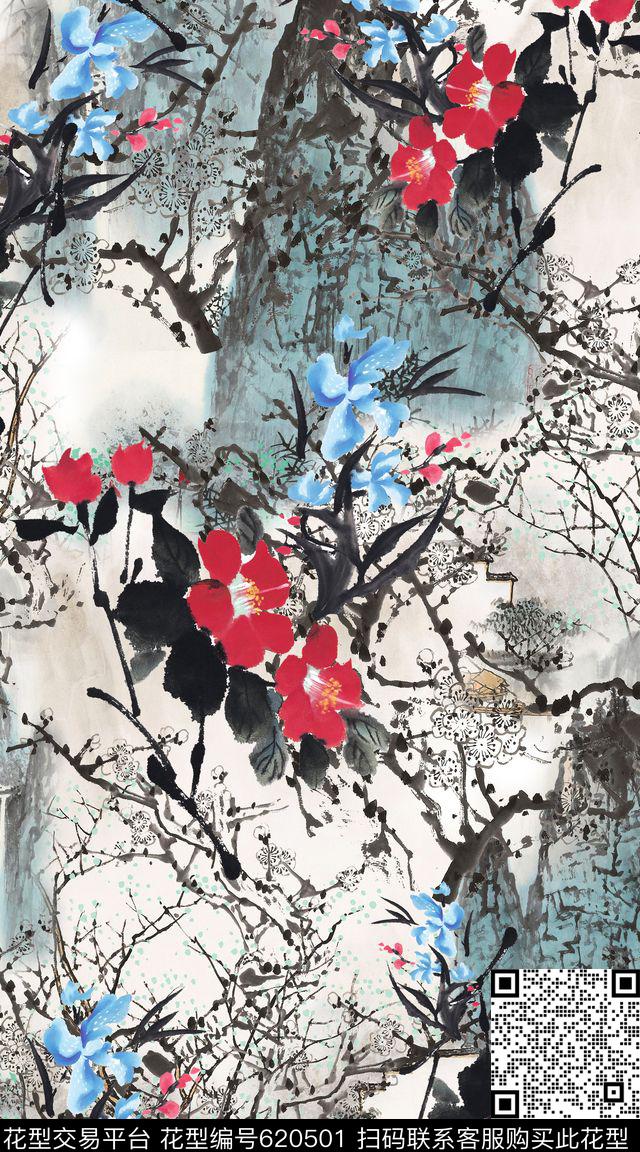风景中国风花卉数码印花华亿平台下载（图片编号: 620501） - 瓦栏（Walan）