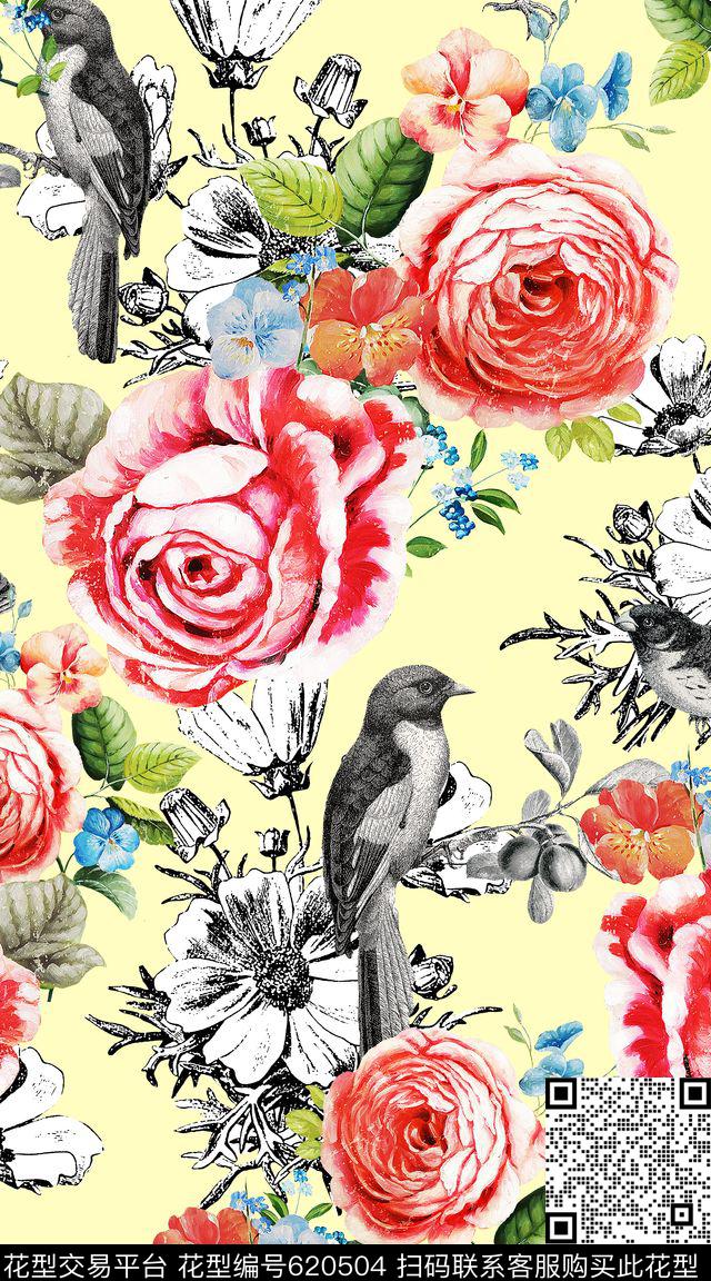 鸟黑白花卉数码印花华亿平台下载（图片编号: 620504） - 瓦栏（Walan）