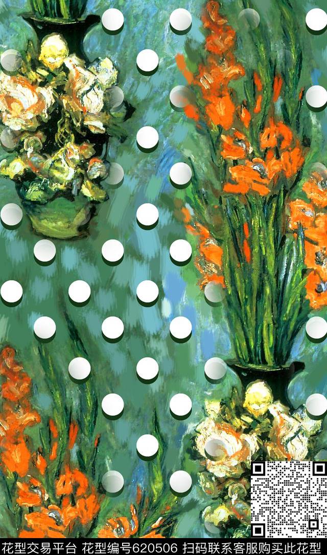 抽象手绘满版最新高清数码时尚潮流大牌复古欧美风油画花卉波点数码印花华亿平台下载（图片编号: 620506） - 瓦栏（Walan）
