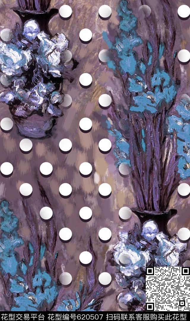 抽象手绘满版最新高清数码时尚潮流大牌复古欧美风油画花卉波点数码印花华亿平台下载（图片编号: 620507） - 瓦栏（Walan）