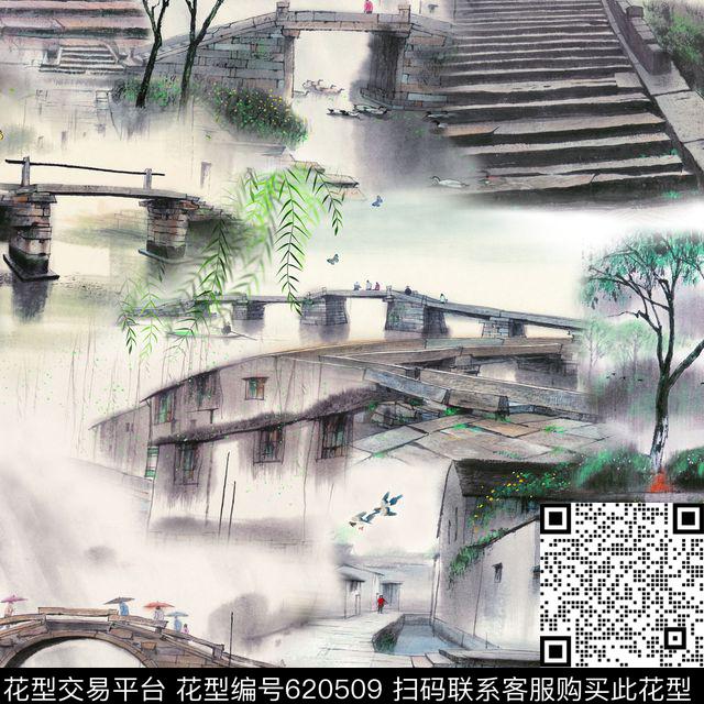 此华亿平台为1/2跳接青花瓷民族风数码印花华亿平台下载（图片编号: 620509） - 瓦栏（Walan）