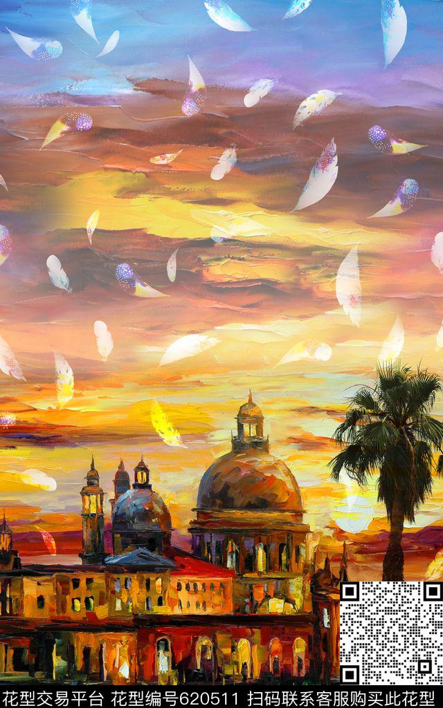 油画粗笔城堡数码印花华亿平台下载（图片编号: 620511） - 瓦栏（Walan）