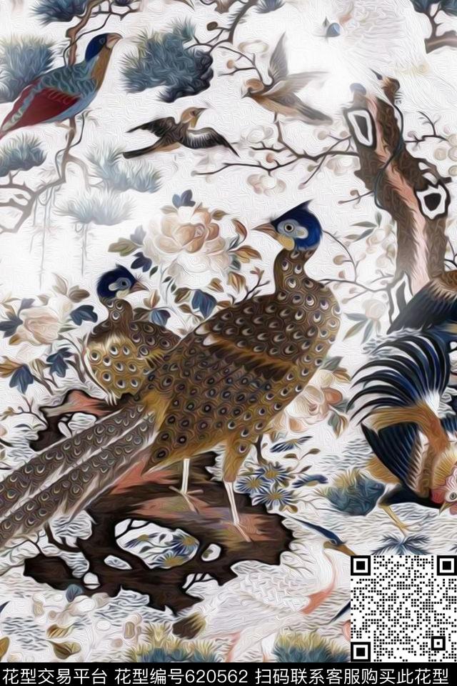 孔雀素雅绘画数码印花华亿平台下载（图片编号: 620562） - 瓦栏（Walan）
