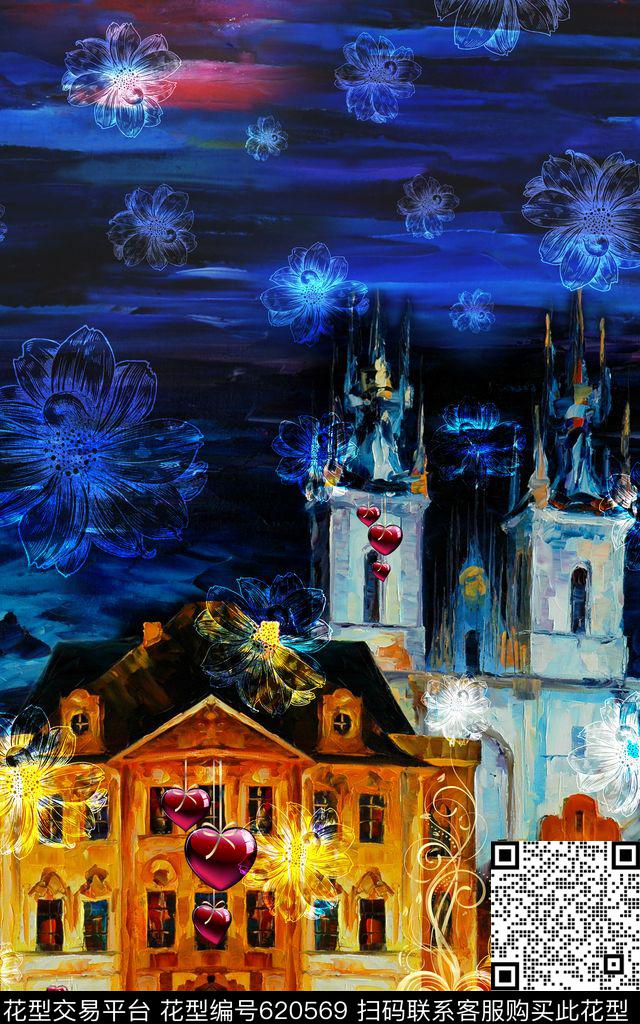 油画粗笔城堡数码印花华亿平台下载（图片编号: 620569） - 瓦栏（Walan）