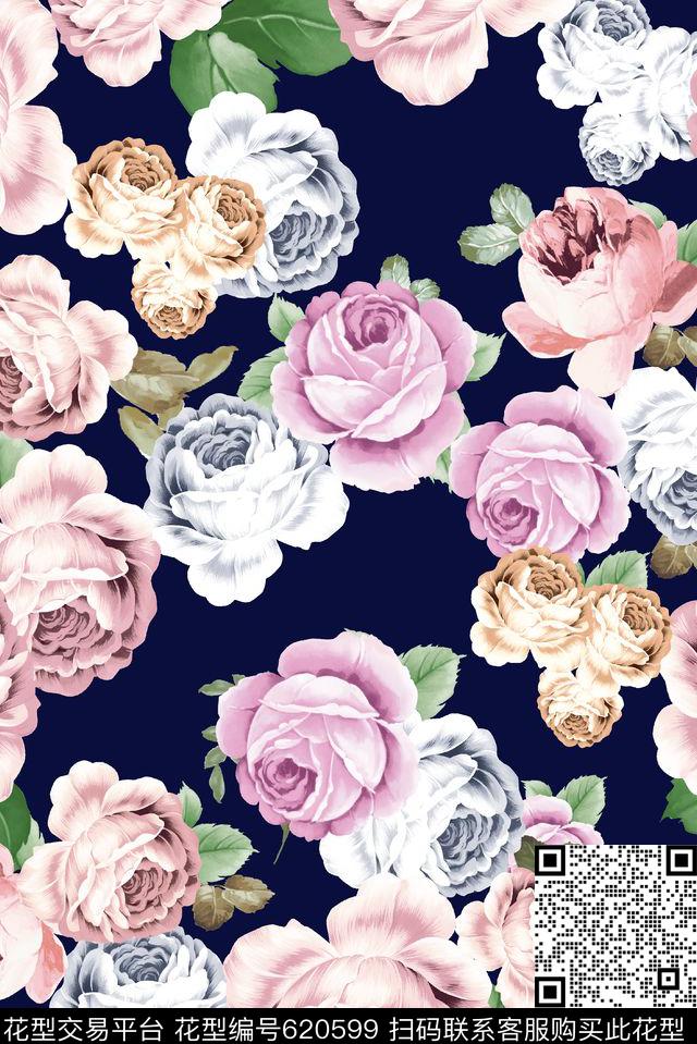 水彩花卉玫瑰欧美数码印花华亿平台下载（图片编号: 620599） - 瓦栏（Walan）