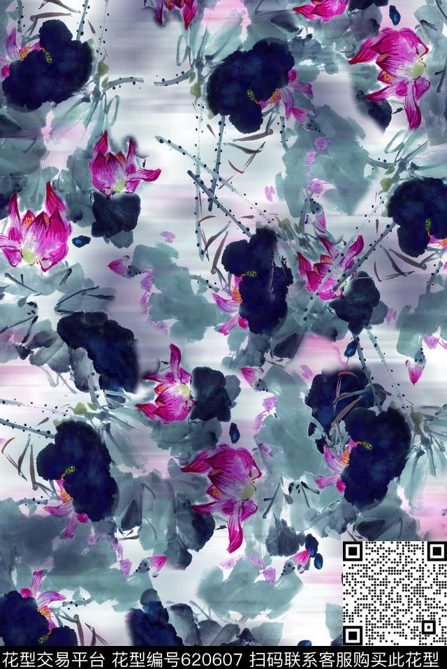 风景荷花花卉数码印花华亿平台下载（图片编号: 620607） - 瓦栏（Walan）