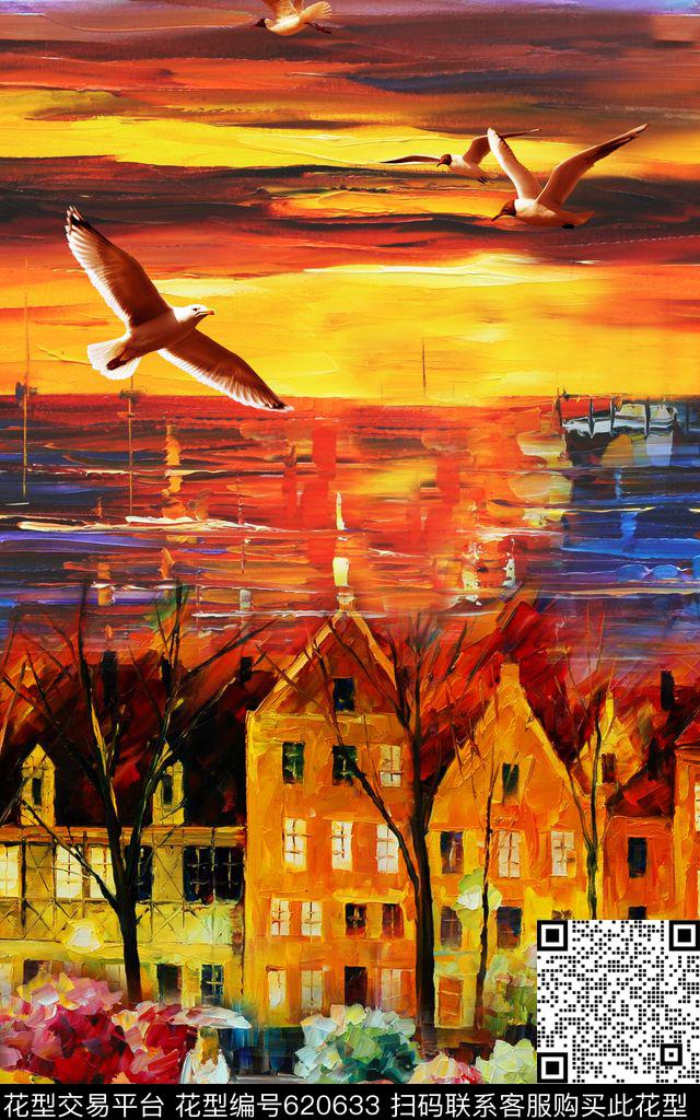 油画粗笔欧式建筑数码印花华亿平台下载（图片编号: 620633） - 瓦栏（Walan）