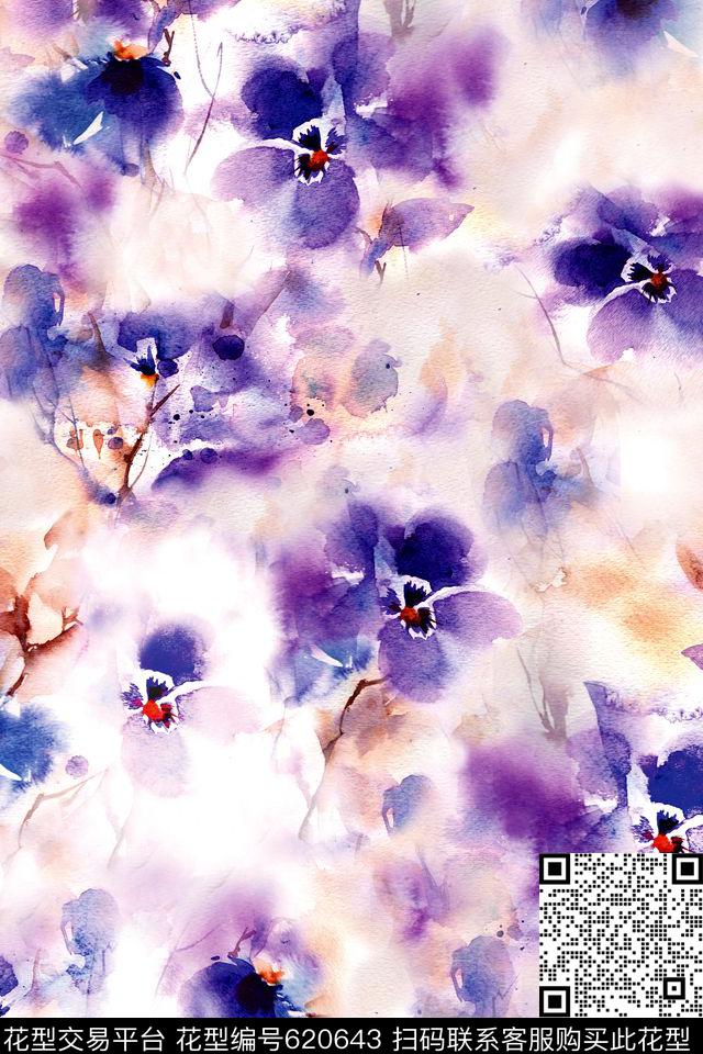 水彩花卉抽象数码印花华亿平台下载（图片编号: 620643） - 瓦栏（Walan）