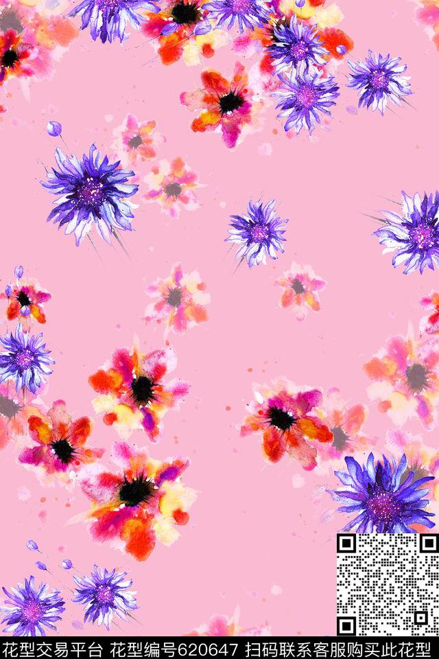水彩花卉雏菊数码印花华亿平台下载（图片编号: 620647） - 瓦栏（Walan）