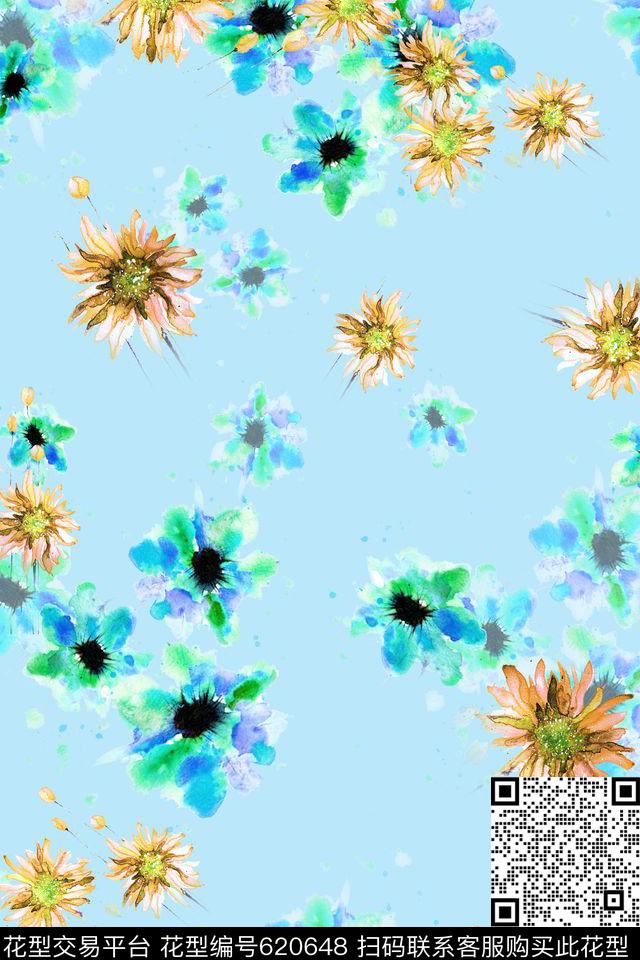 水彩花卉雏菊数码印花华亿平台下载（图片编号: 620648） - 瓦栏（Walan）