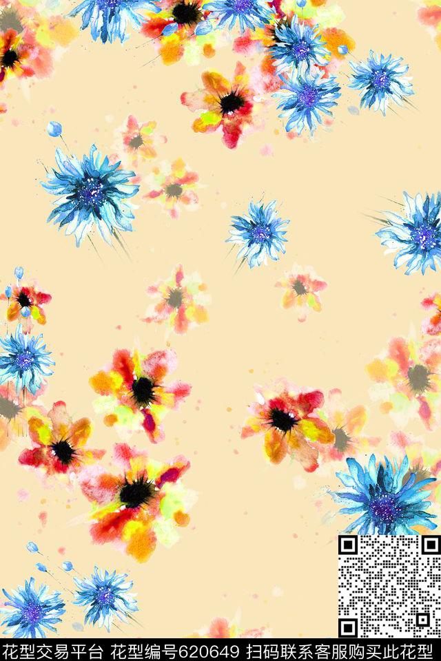 水彩花卉雏菊数码印花华亿平台下载（图片编号: 620649） - 瓦栏（Walan）